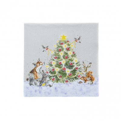 Christmas tree and woodland animal cocktail napkin