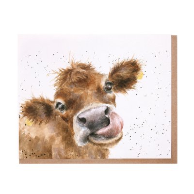 Cow with its tongue out greeting card
