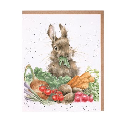 Rabbit eating lettuce surrounded by vegetables greeting card