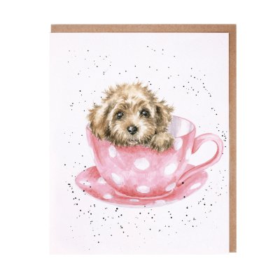 Puppy in a pink spotty teacup greeting card
