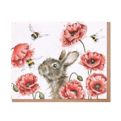Rabbit amongst poppies and bees greeting card