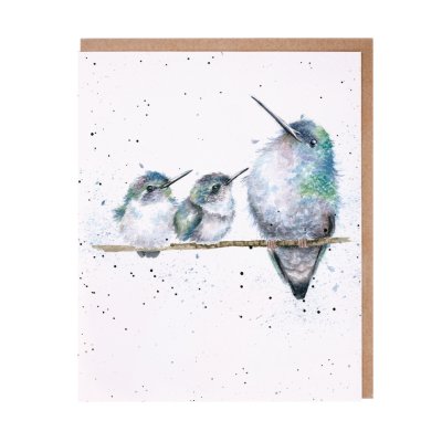 Humming bird and its two chicks on a branch greeting card