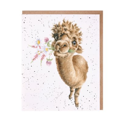 Alpaca with a bunch of flowers in its mouth greeting card