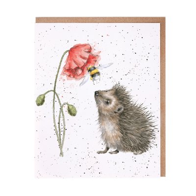 Hedgehog looking at a poppy and bee greeting card