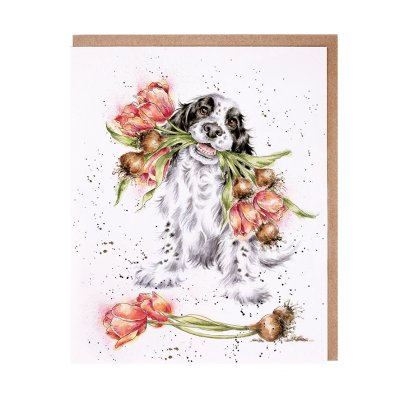 Spaniel with tulips in its mouth greeting card
