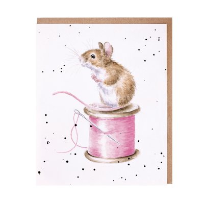 Mouse on a reel of pink thread greeting card