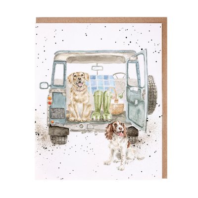 Labrador and Springer Spaniel in a Land Rover greeting card