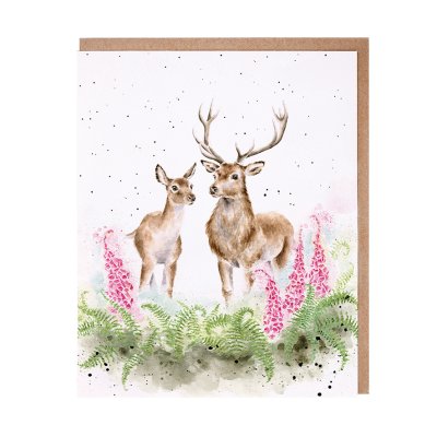 Stag and deer amongst ferns and foxgloves greeting card