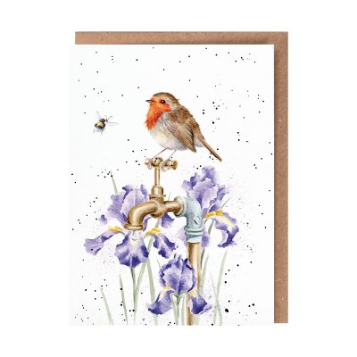 Illustrated robin on a garden tap card