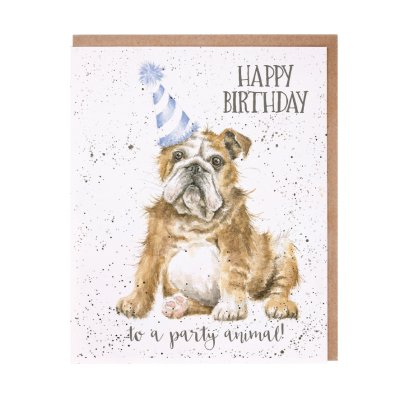 Bulldog in a party hat birthday card