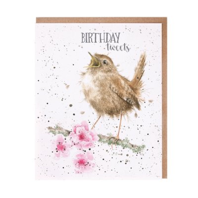 Wren on a blossom branch birthday card