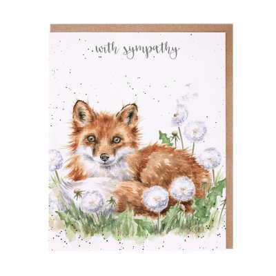 Fox sitting amongst dandelions sympathy card