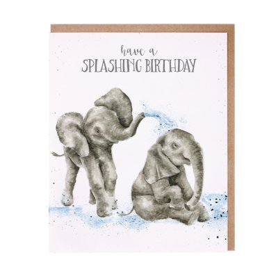 Elephants splashing in water birthday card