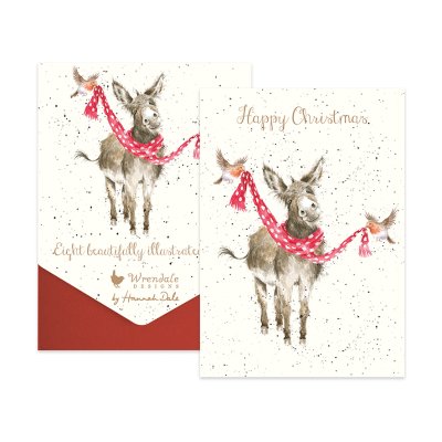 Donkey in a scarf with two robins illustrated Christmas card pack