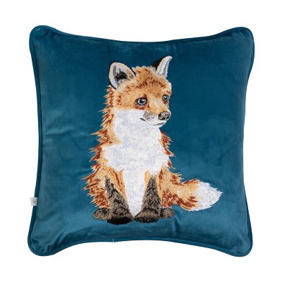 Embroidered fox cushion on teal fabric