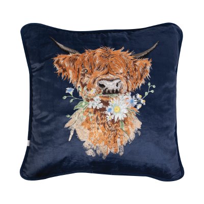 Embroidered Highland Cow cushion on navy fabric