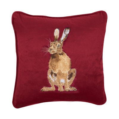 Embroidered hare cushion with burgundy fabric