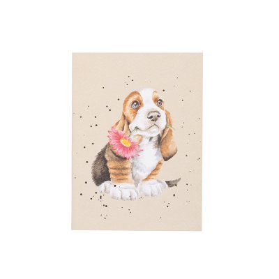 A basset hound puppy holding a flower on an A6 Paperback Notebook